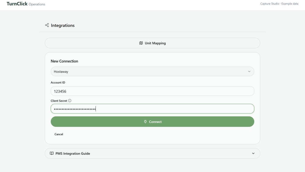 Hostaway connection form with Account ID, masked Client Secret, and Connect button