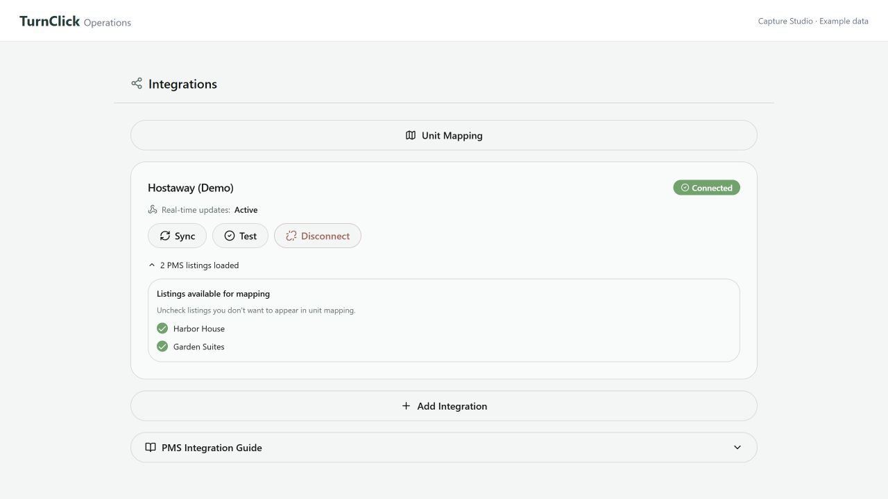Example Hostaway connection showing Connected, active real-time updates, and Sync and Test controls